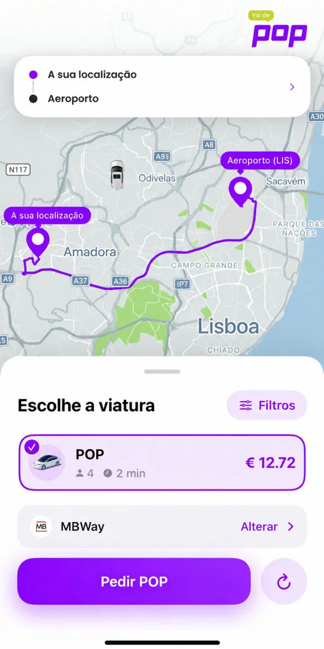Ecrã da App POP: o percurso no mapa, a viatura escolhida e o valor da viagem antes de confirmar