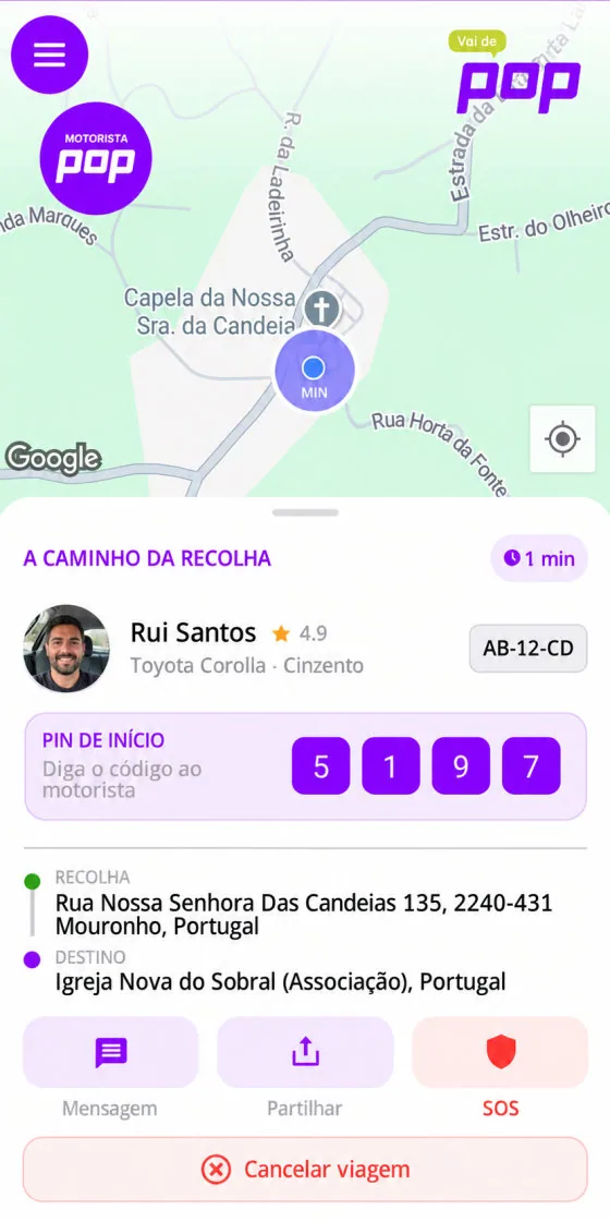 Ecrã da App POP com o motorista a caminho: percurso no mapa, nome, fotografia, viatura e matrícula